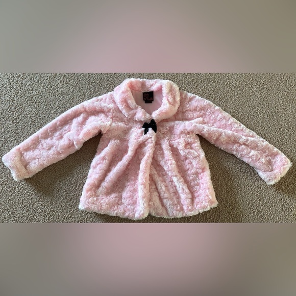 Girls Rule Pink Fluffy Soft Faux Fur Furry Button Jacket Black Bow Size 6X - Picture 9 of 16
